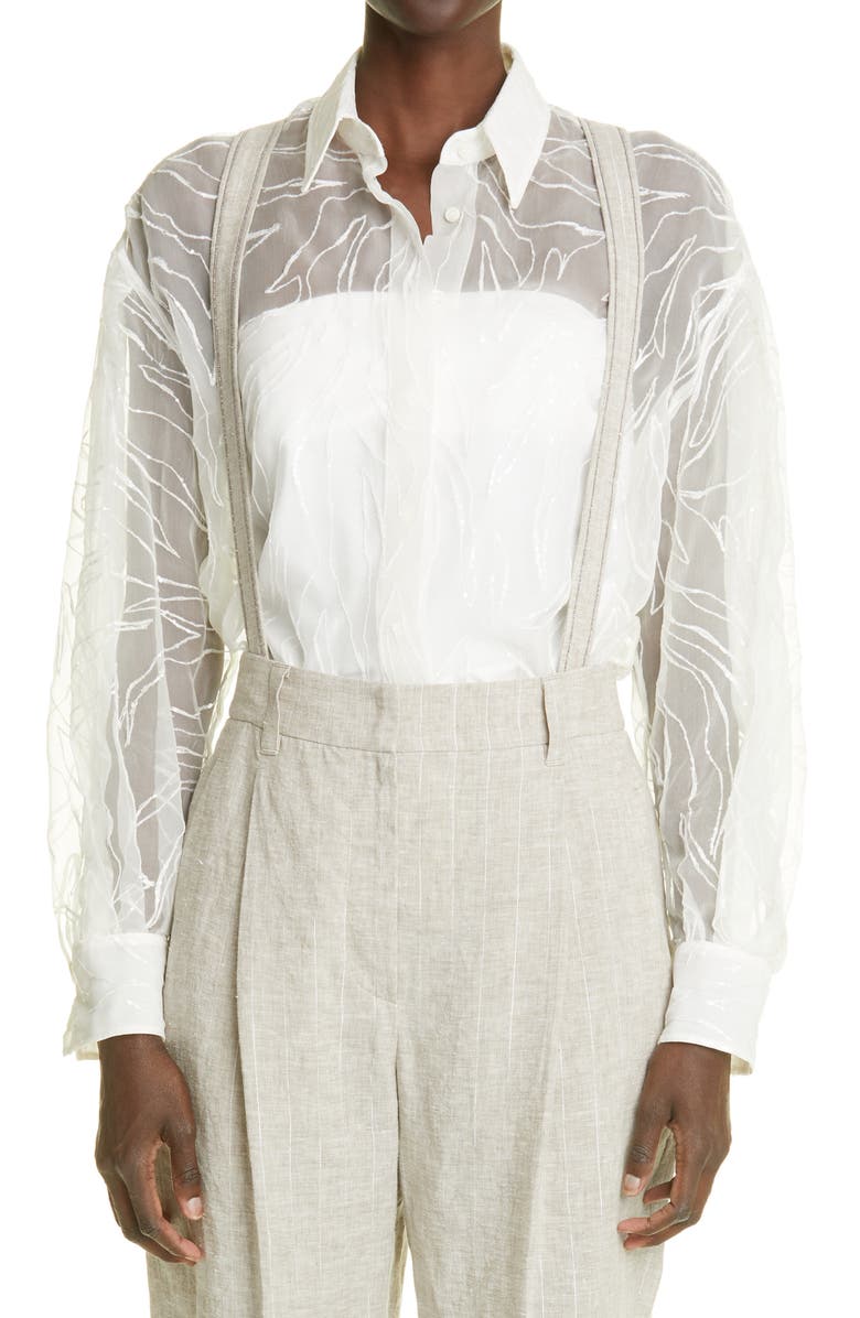 Brunello Cucinelli Embroidered Crispy Silk Chiffon Blouse, Main, color,