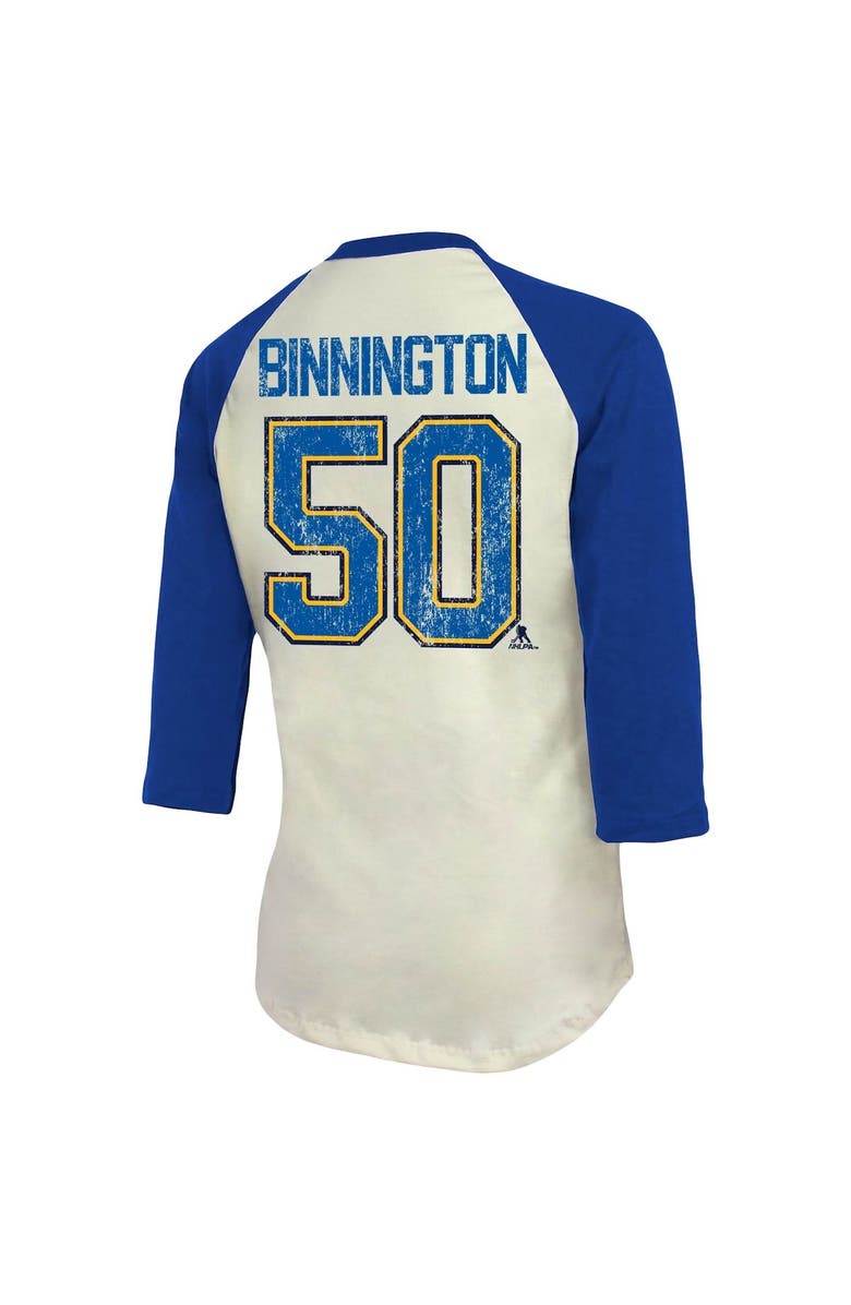 FANATICS Women's Fanatics Branded Jordan Binnington Cream/Blue St. Louis Blues Name & Number Tri-Blend Raglan 3/4-Sleeve T-Shirt, Alternate, color,