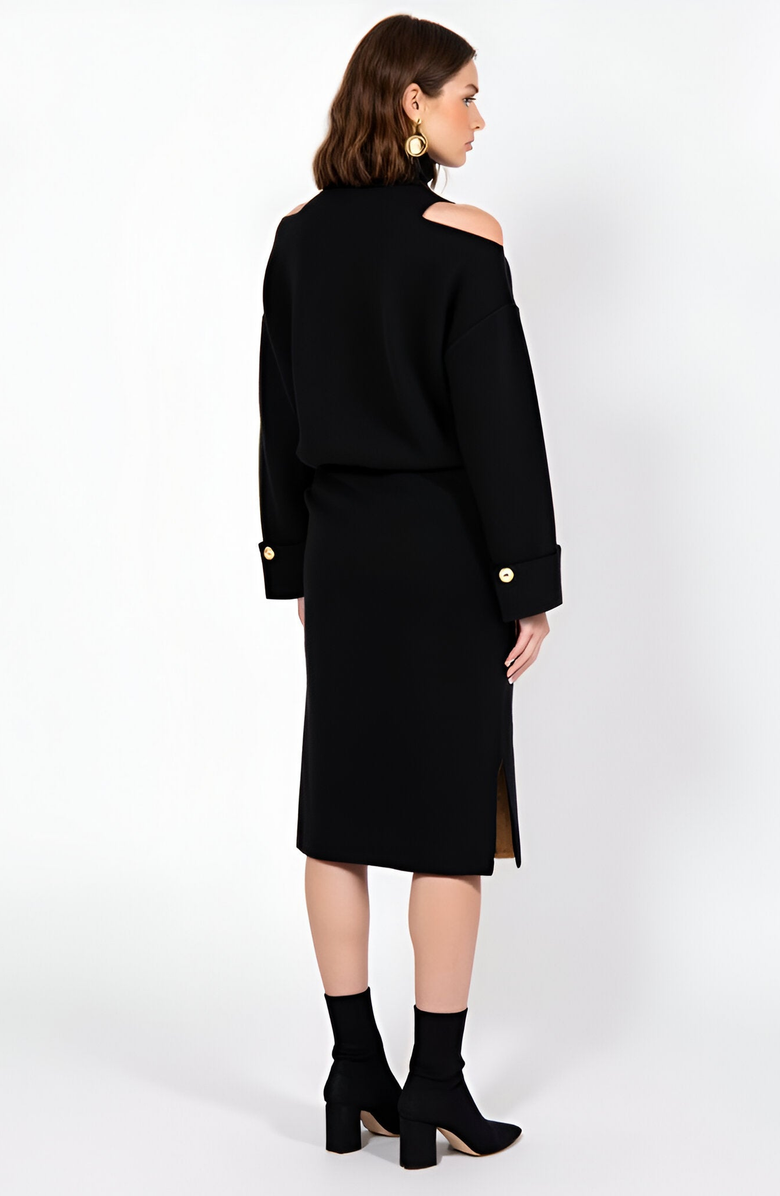 Modenaire Asymmetric Turtleneck Pullover and Button-Front Slit Skirt Set, Alternate, color, Black