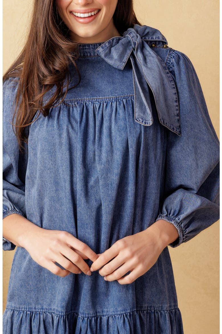 Tie Neck Balloon Sleeve Denim Trapeze Dress, Alternate, color, DARK INDIGO