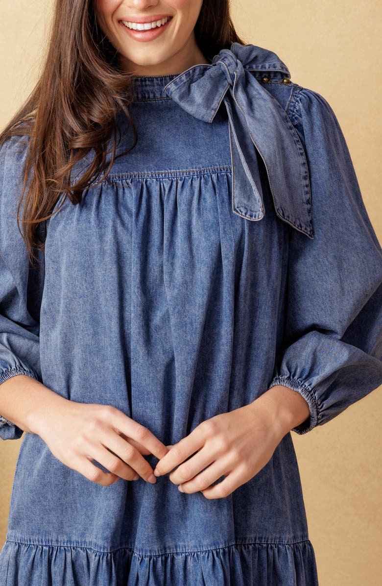 FLYING TOMATO Tie Neck Balloon Sleeve Denim Trapeze Dress, Alternate, color, Dark Indigo