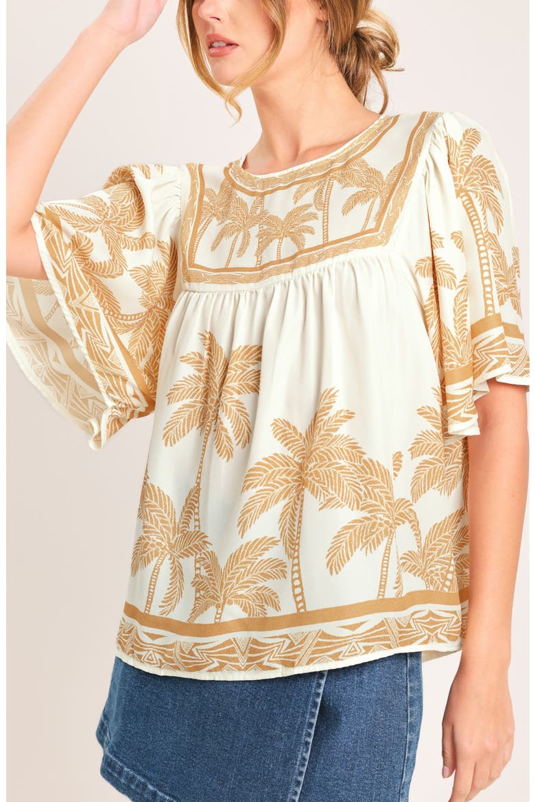 Palm Print Flutter Sleeve Top, Alternate, color, IVORY