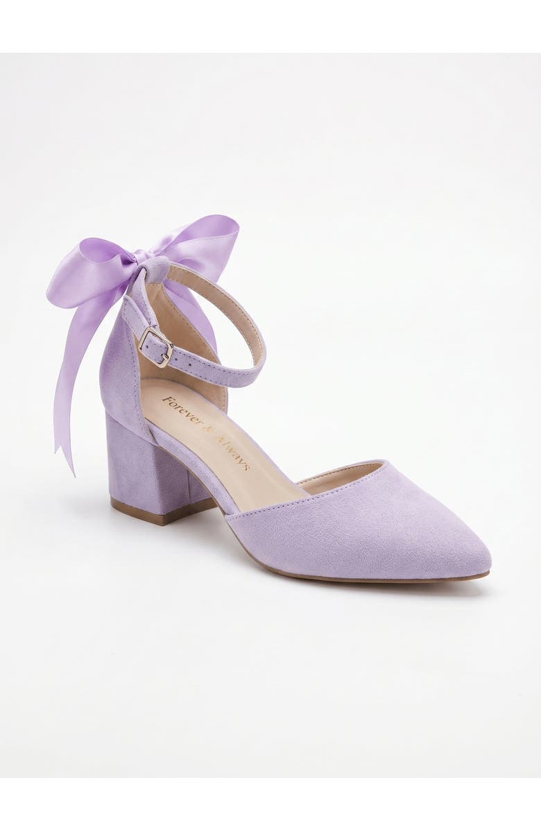 Forever & Always Shoes Arielle Bow Ankle Strap Block Heel Pump, Main, color, Lilac Suede
