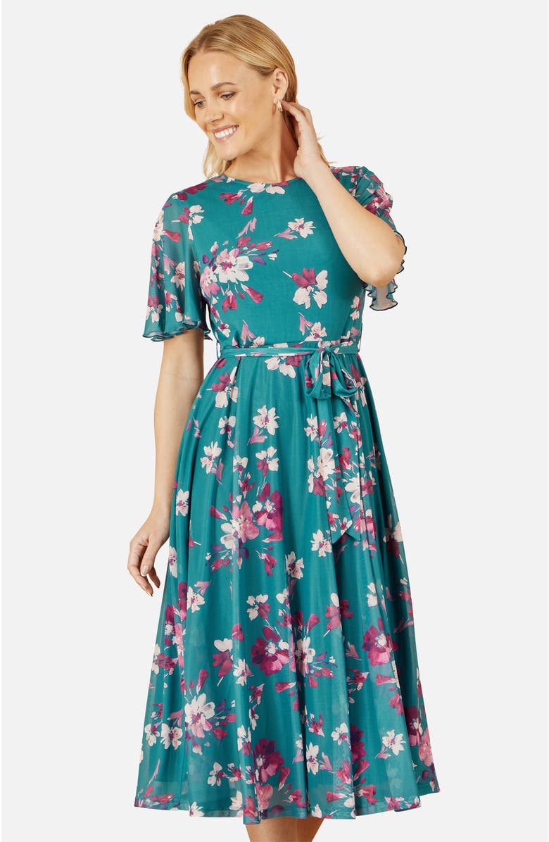 Yumi Mesh Skater Floral Midi Dress, Alternate, color, Teal