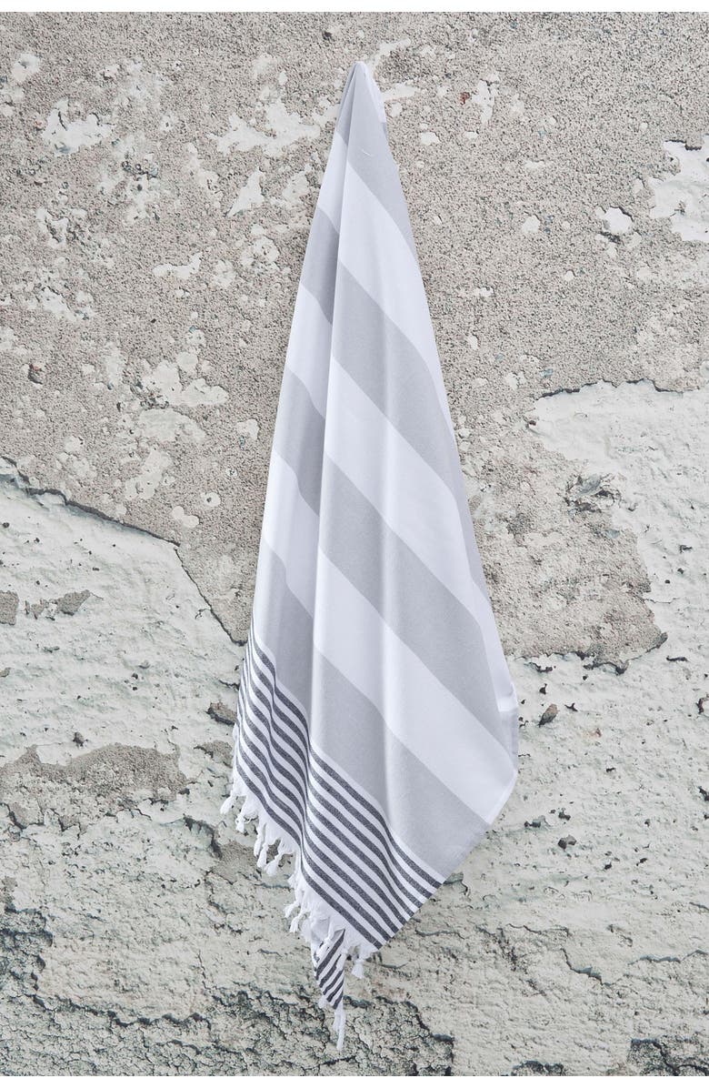 InfuseZen Marine Striped Organic Turkish Towel with Soft Terry Cloth Lining, Alternate, color, Grey And Black