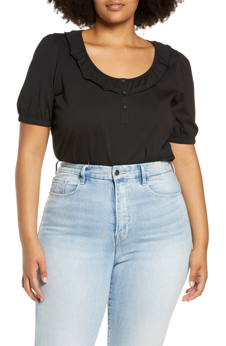 VERO MODA CURVE Elos Ruffle Cotton Henley T-Shirt, Main, color, 