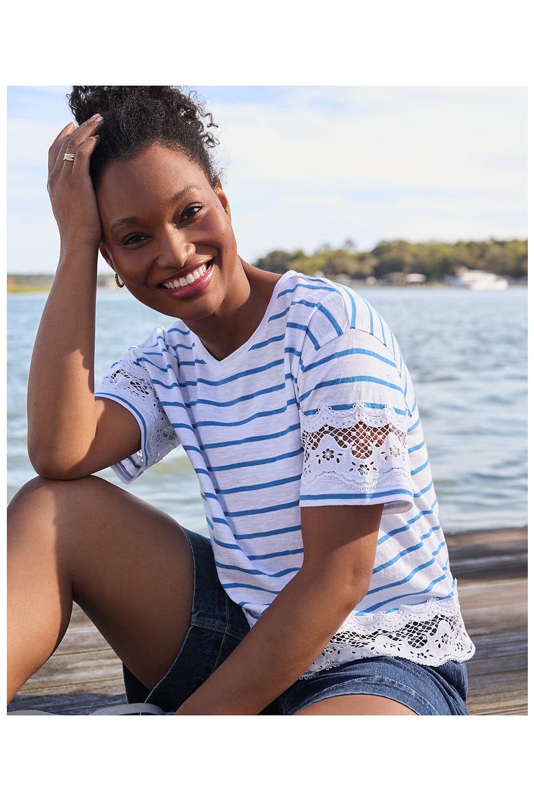 Short Sleeve Slub Jersey Cutwork T-Shirt, Alternate, color, White/Bright Blue Stripe
