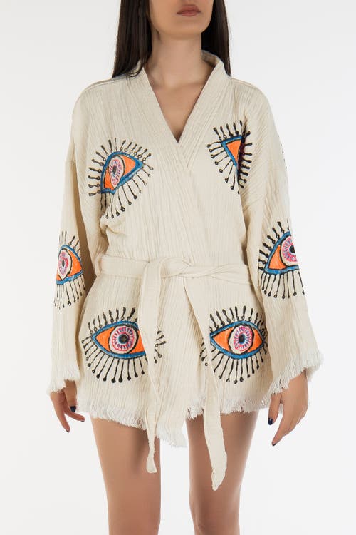 Forever & Always Shoes Sereia Evil Eye Handmade Cotton Short Kimono In Off-white