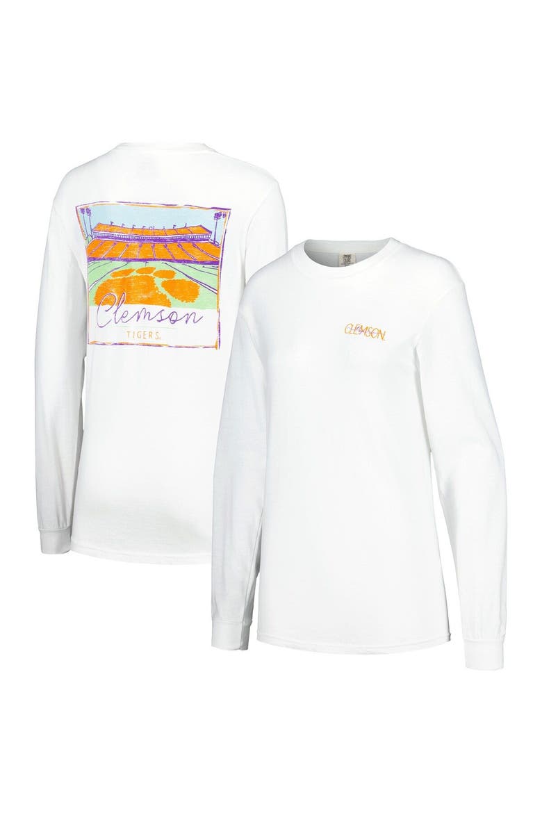 Women's White Clemson Tigers Hand-Drawn Stadium Comfort Colors Oversized Long Sleeve T-Shirt, Main, color, White