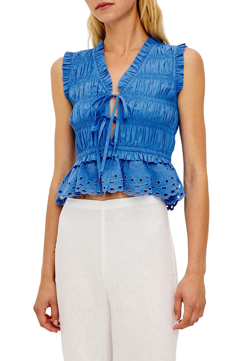 Martine Eyelet Smocked Ruffle Cotton Crop Top, Main, color, HARBOR BLUE