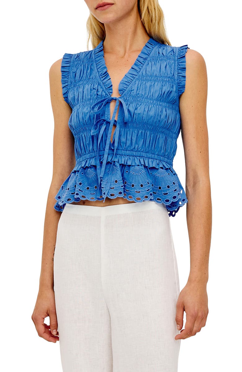 Rails Martine Eyelet Smocked Ruffle Cotton Crop Top, Main, color, Harbor Blue