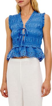Rails Martine Eyelet Smocked Ruffle Cotton Crop Top