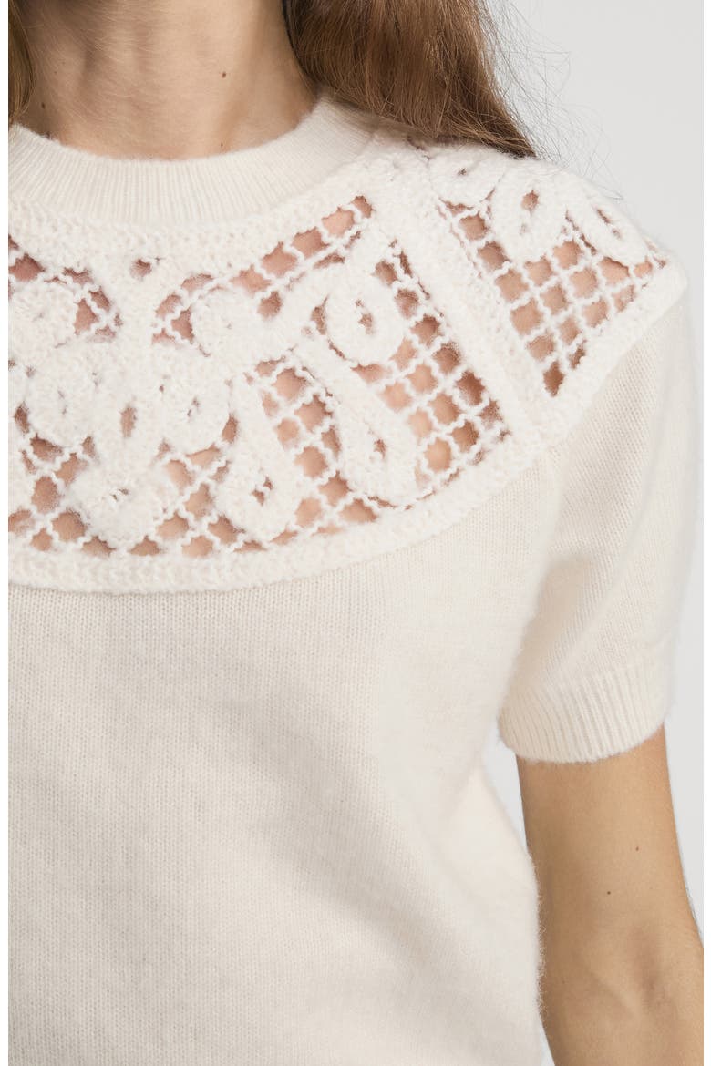 The Lace Gathered Cashmere Short Sleeve Sweater, Alternate, color, CREAM