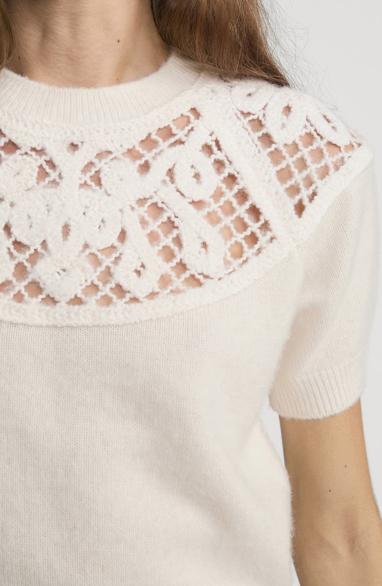 FRAME The Lace Gathered Cashmere Short Sleeve Sweater, Alternate, color, Cream