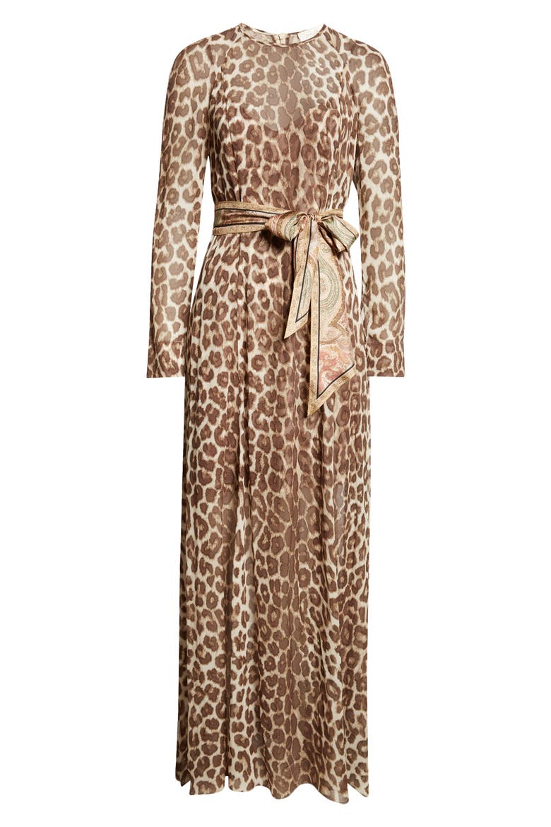 Illustration Leopard Print Belted Long Sleeve Maxi Dress, Alternate, color, CHOCOLATE LEOPARD