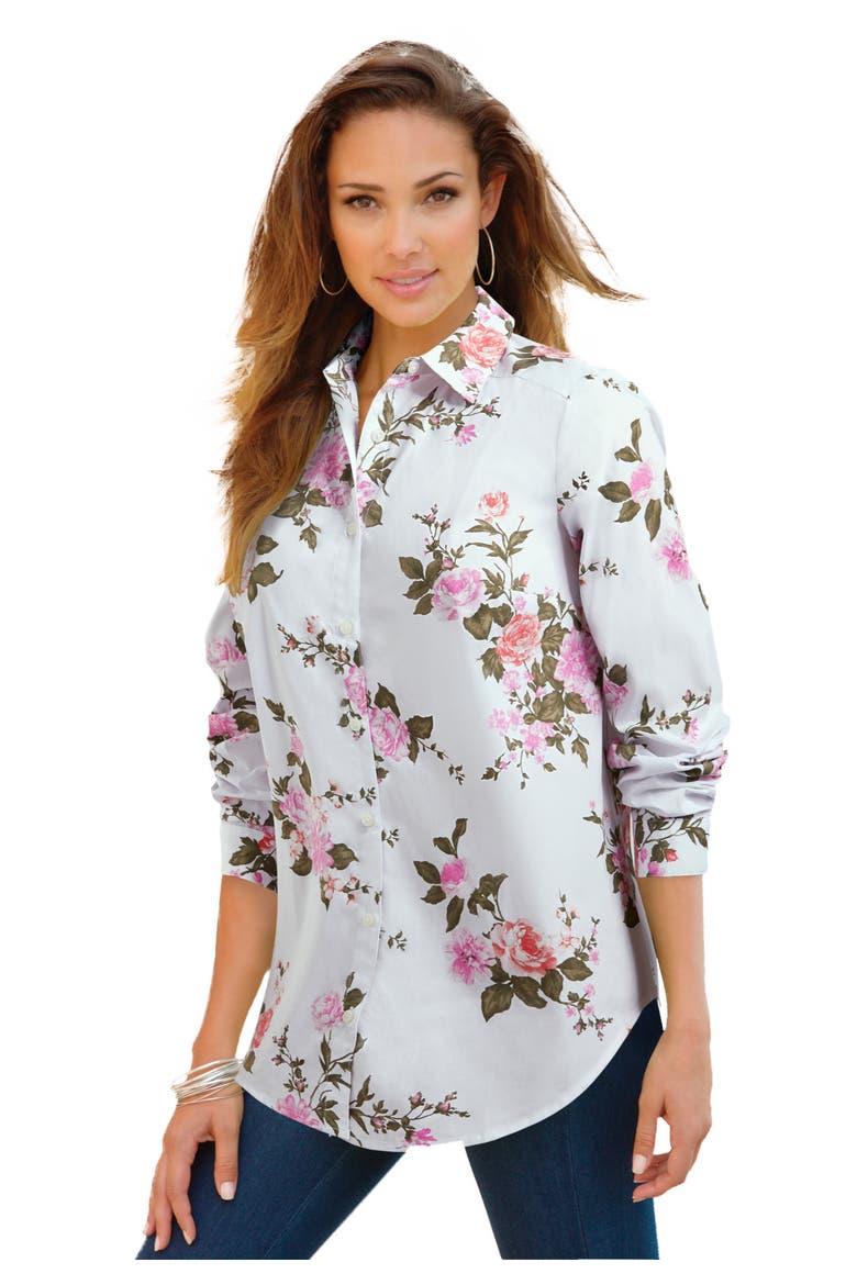 Plus Size Kate Long Sleeve Easy Cotton Blend Button Front Shirt, Main, color, WHITE MIXED FLOWERS