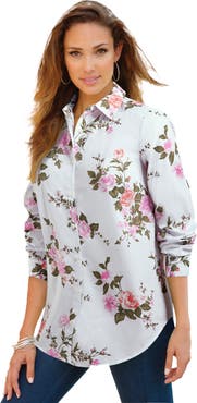 Roaman's Plus Size Kate Long Sleeve Easy Cotton Blend Button Front Shirt