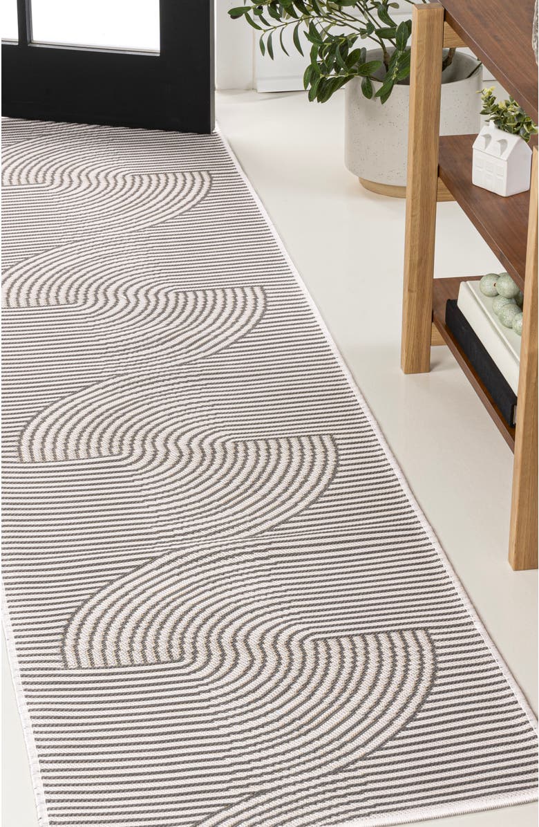 JONATHAN Y Arielle Mid-Century Modern Curve Stripe Reversible Machine-Washable Indoor/Outdoor Area Rug, Alternate, color, Dark Gray/Cream