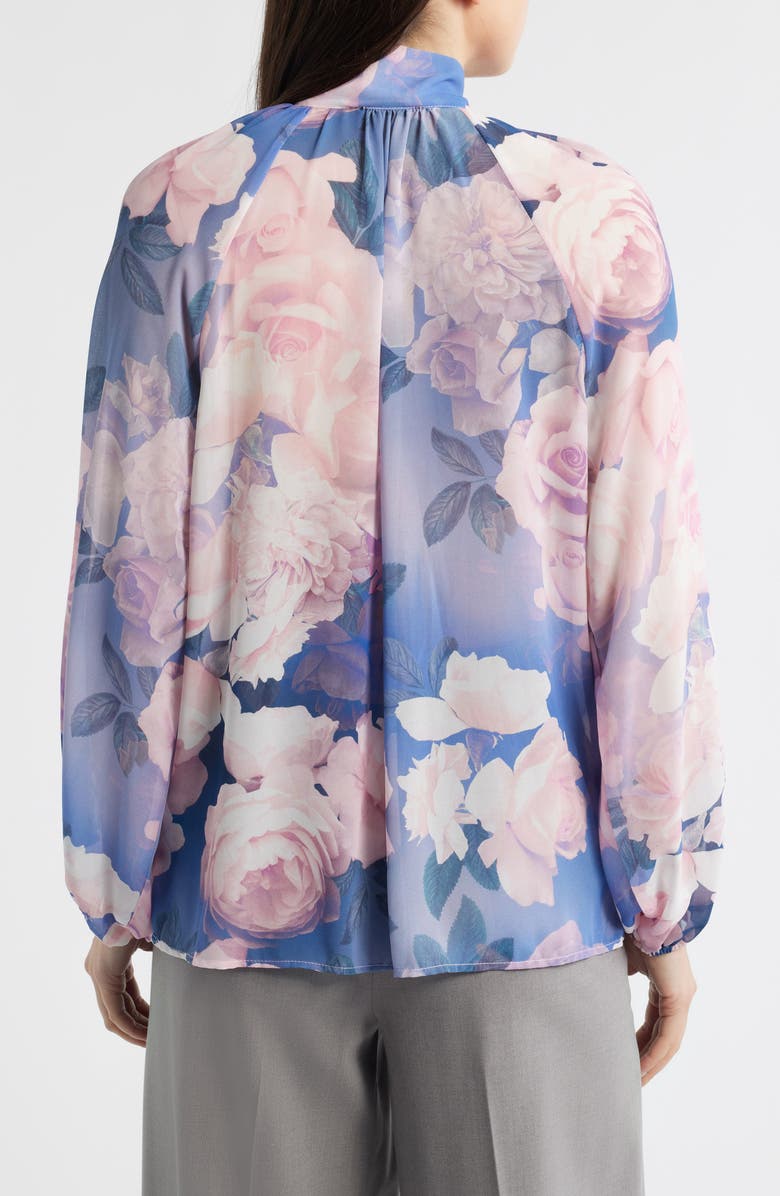 Tahari ASL Floral Print Tie Neck Top, Alternate, color, Blue Petal Floral