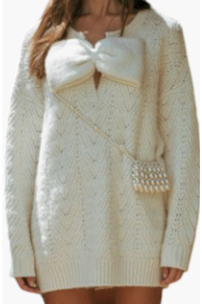 Oversized Knit Sweater Dress with Statement Bow and Ribbed Trim, Alternate, color, Ivory