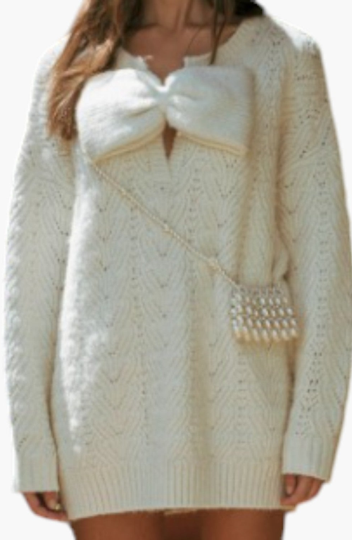 Modenaire Oversized Knit Sweater Dress With Statement Bow And Ribbed Trim In White