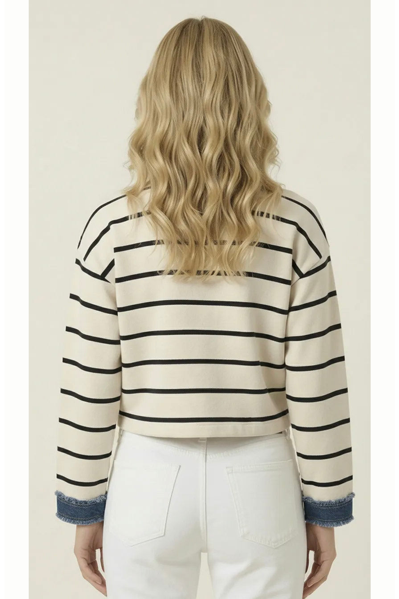 Striped Knit Denim Trim Cardigan, Alternate, color, Cream / Navy Blue