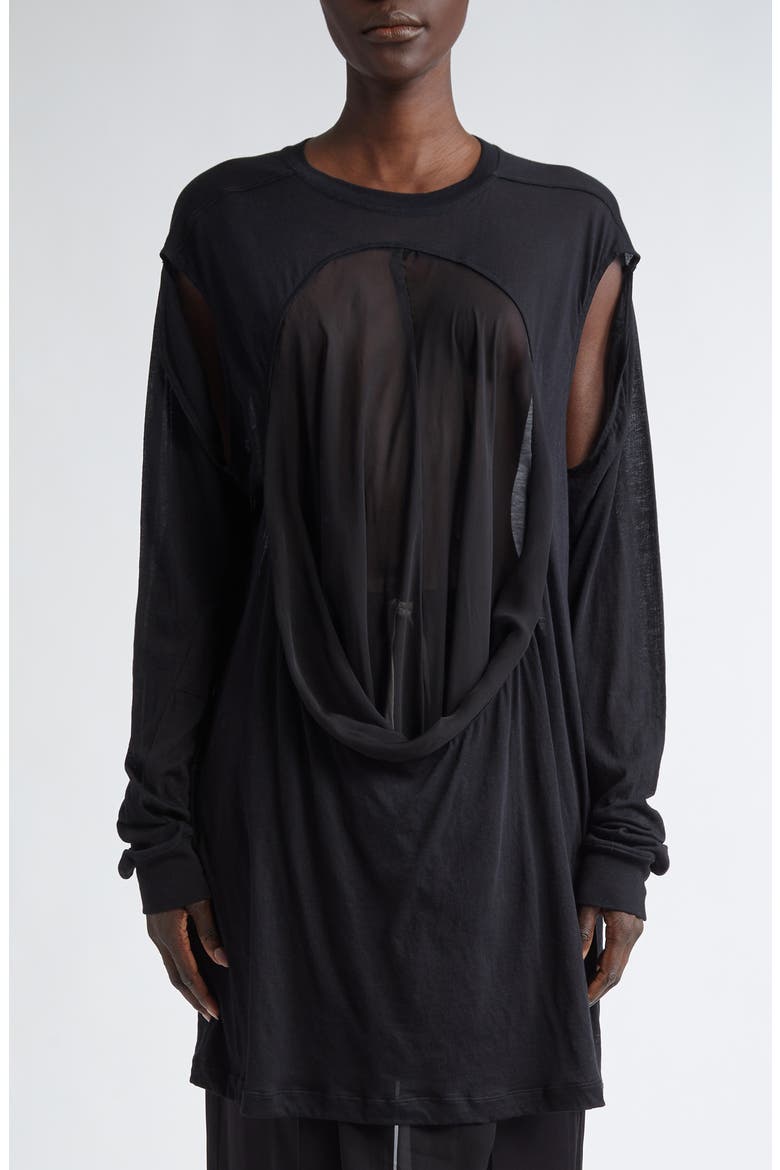 Drain Cutout Cotton & Silk Chiffon T-Shirt, Main, color, BLACK/ BLACK