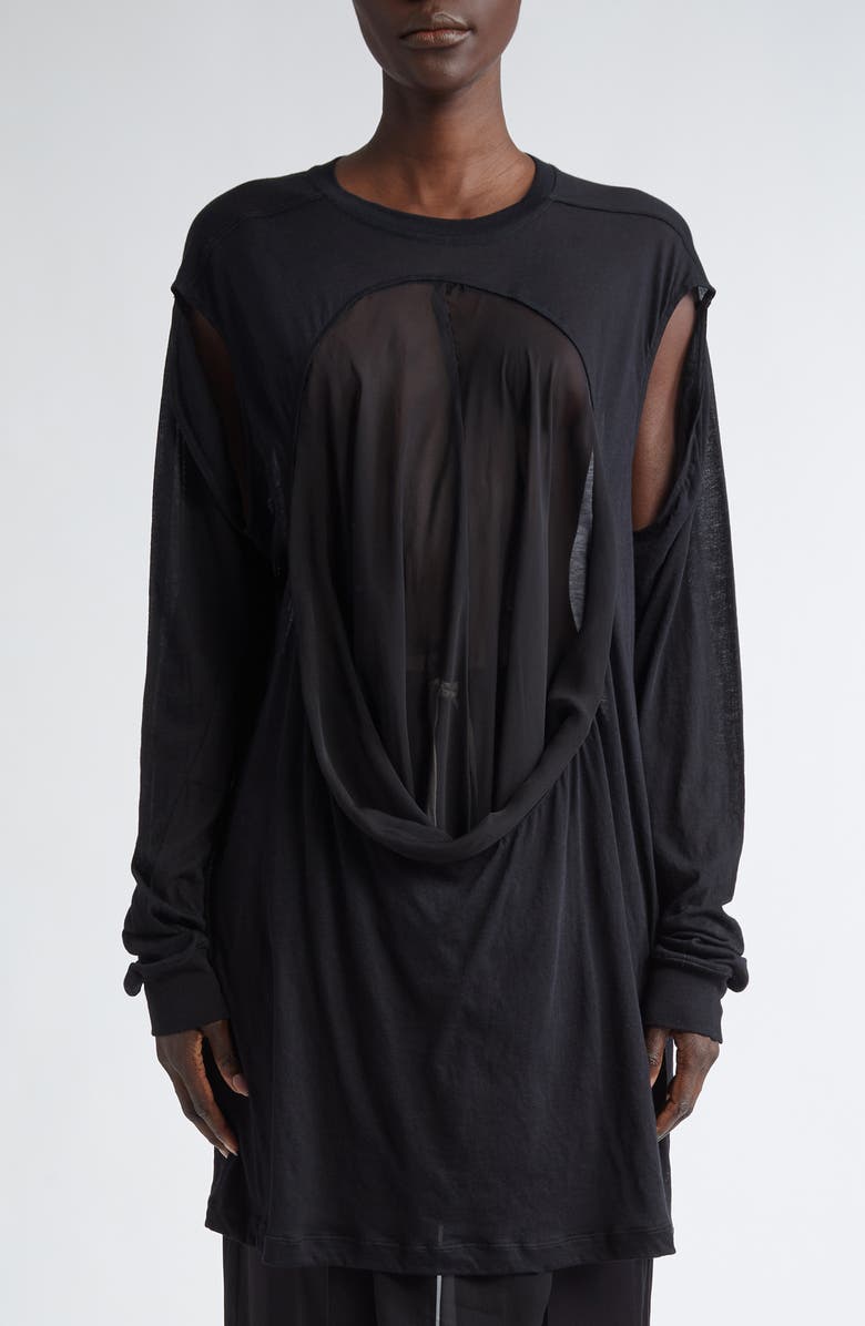 Rick Owens Drain Cutout Cotton & Silk Chiffon T-Shirt, Main, color,