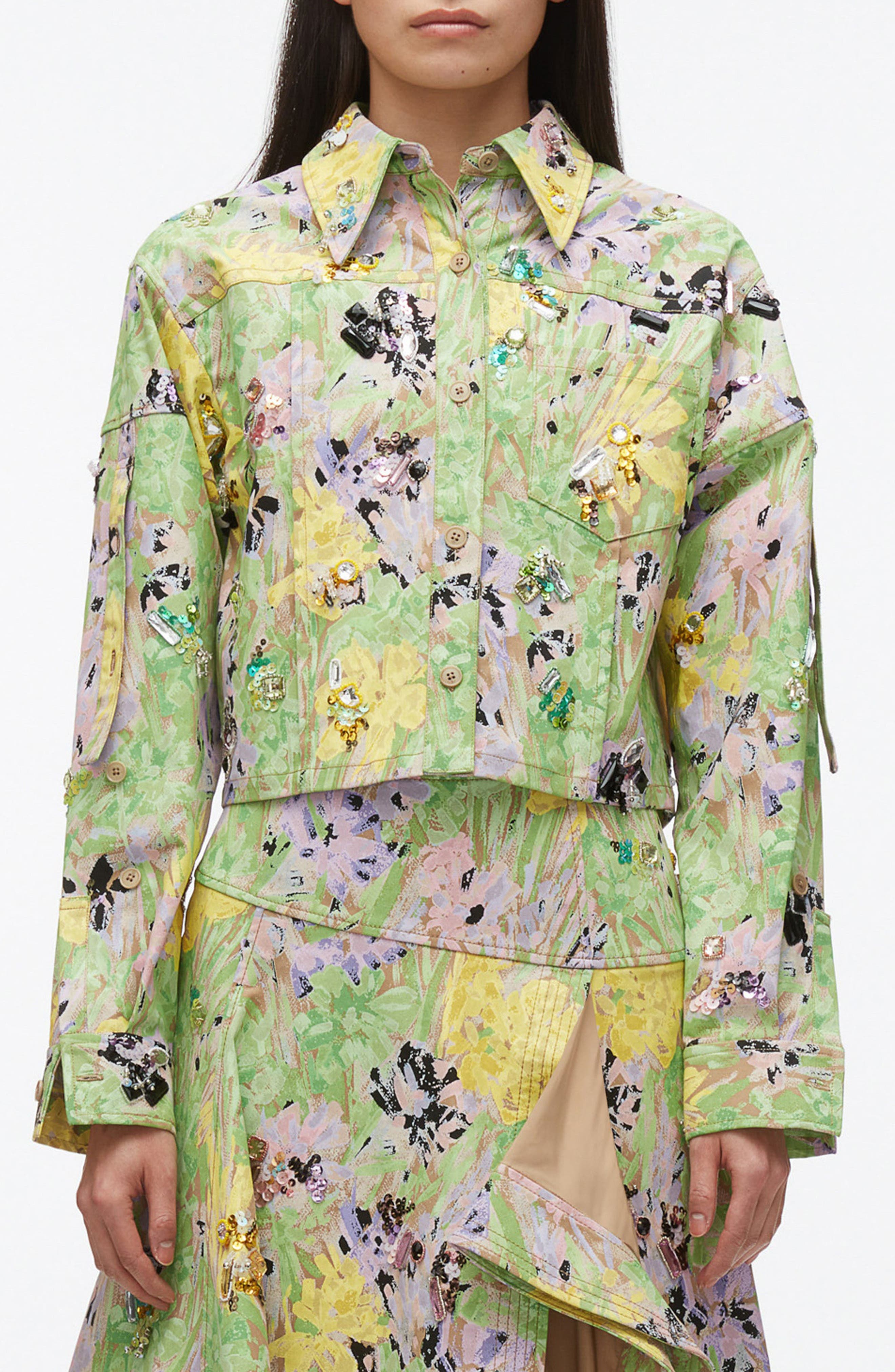 Flowerworks Embellished Cotton Twill Cropped Jacket