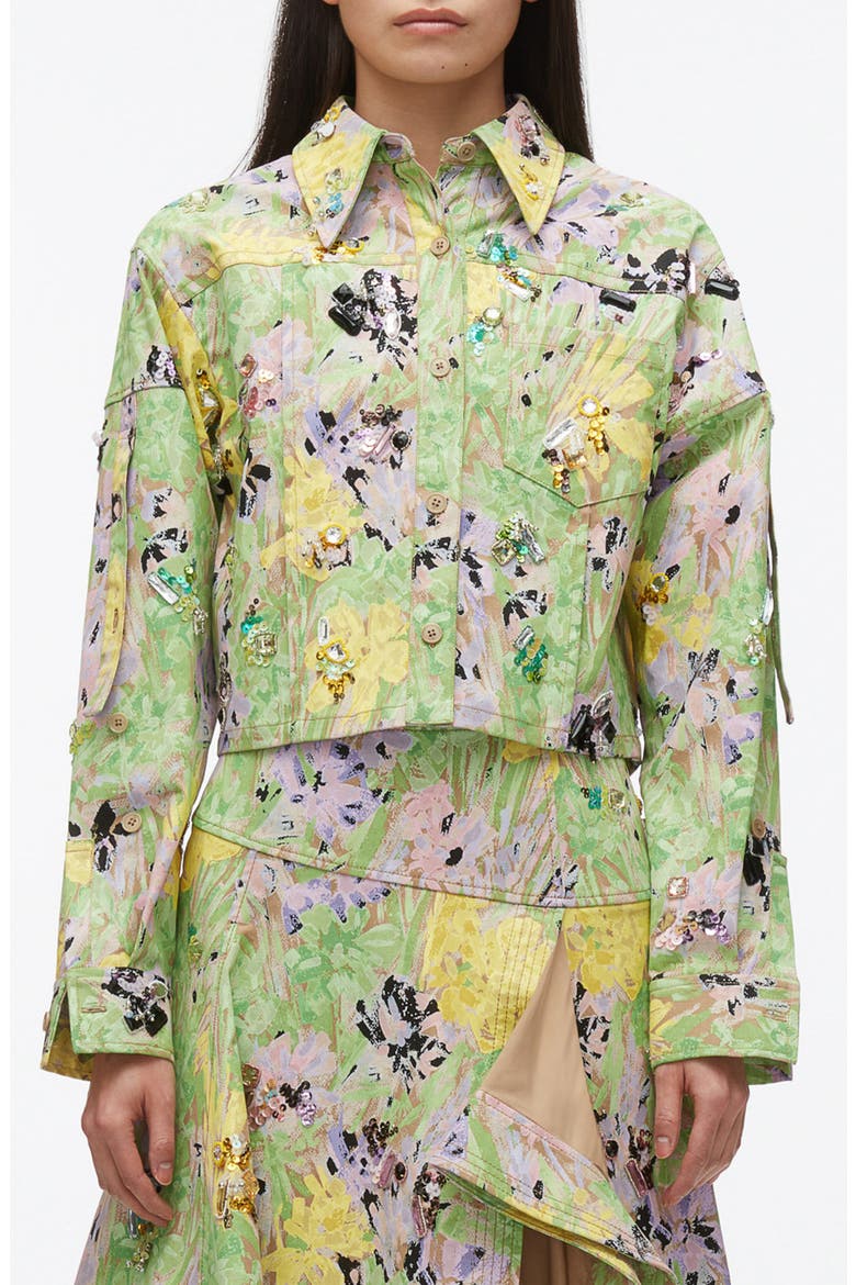 Flowerworks Embellished Cotton Twill Cropped Jacket, Main, color, KHAKI MULTI