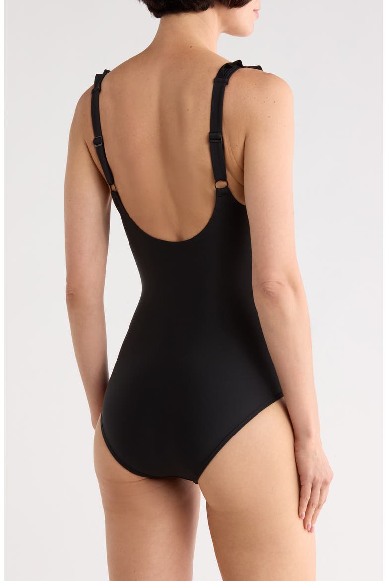 Ruffle V-Neck One-Piece Swimsuit, Alternate, color, BLACK
