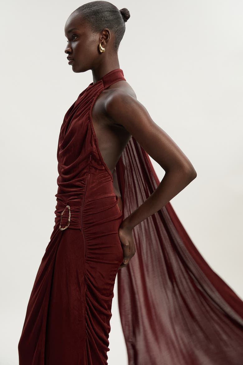 Slinky Crepe High Neck Maxi Dress, Alternate, color, Chocolate