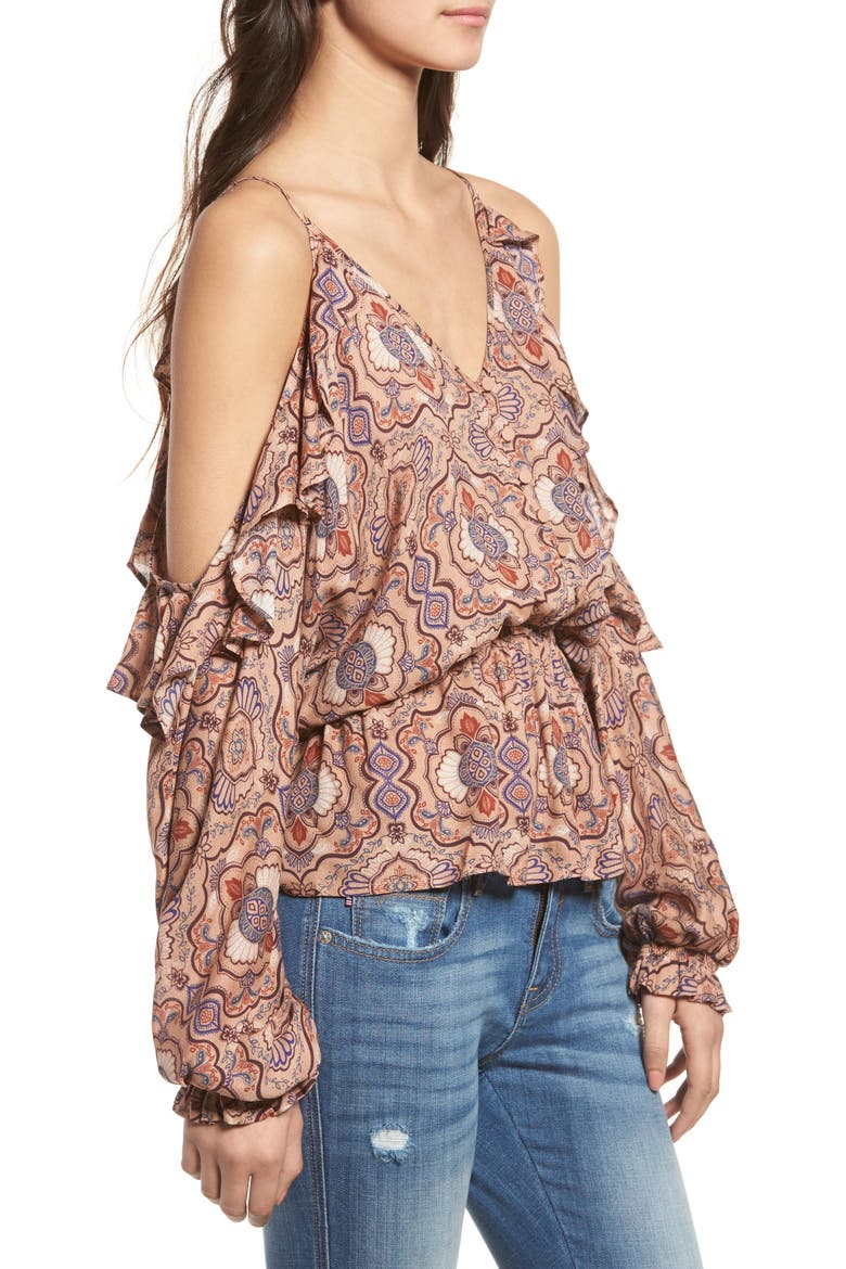 Ruffle Cold Shoulder Top, Alternate, color, TAN LATTE FOLKTALE MEDALLION