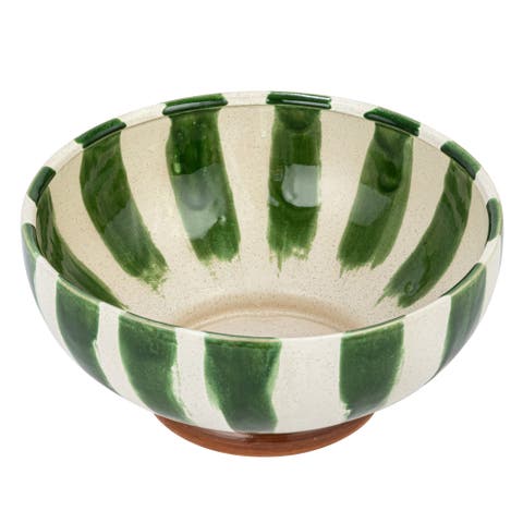 10.25 Inches Round Hand-Painted Stoneware Footed Bowl