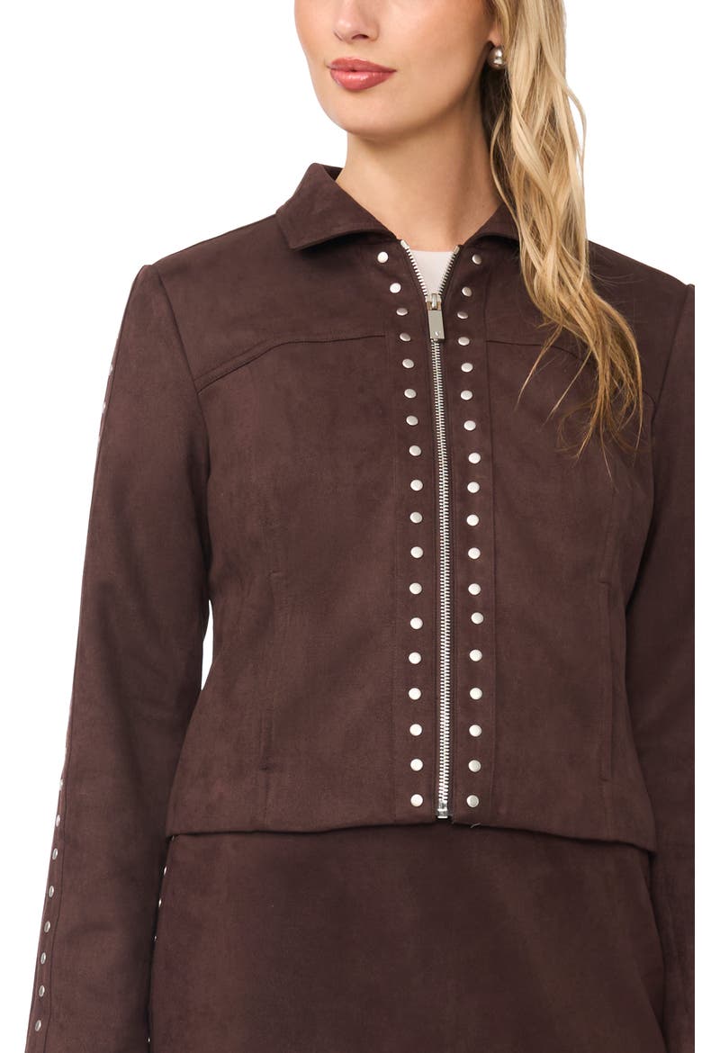 Studded Faux Suede Trucker Jacket, Alternate, color, DARK ROAST