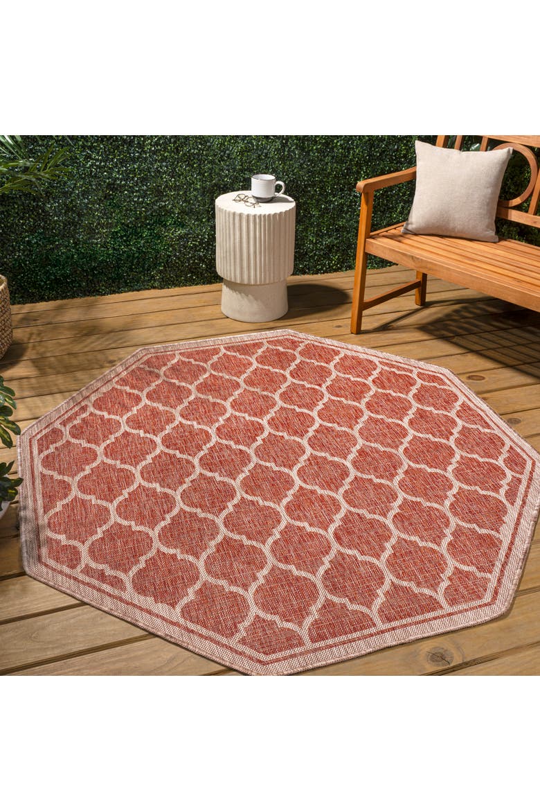 Trebol Moroccan Trellis Textured Weave Octagon Indoor/Outdoor Area Rug, Alternate, color, Red/Beige