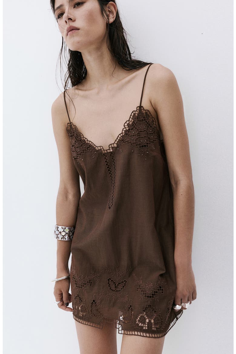 Zoe Cutwork Lace Detail Minidress, Alternate, color, CHOCOLATE