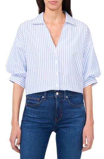 Cece Stripe Bubble Sleeve Button-up Shirt