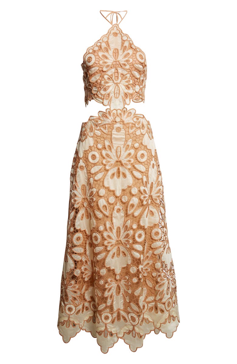 Johanna Ortiz Morning Groove Cutout Guipure Lace Maxi Dress, Alternate, color, Ecru / Camel