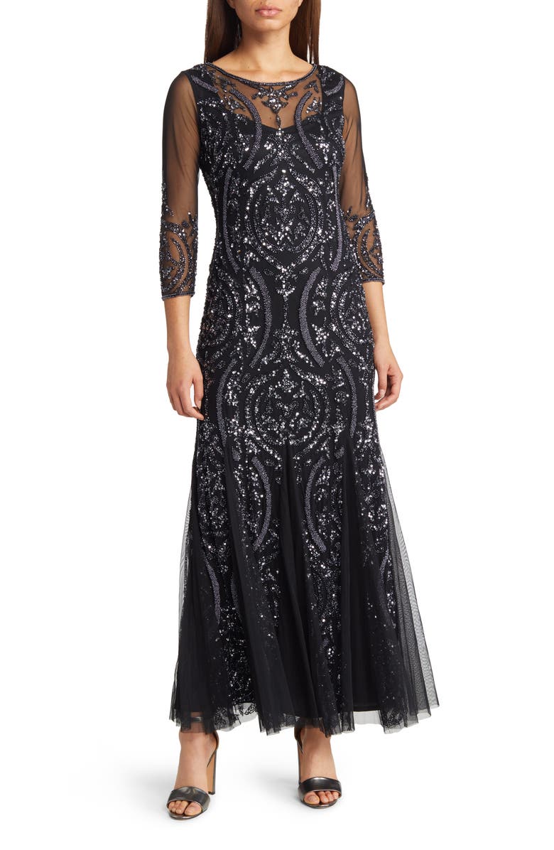 Pisarro Nights Sequin Beaded Illusion Mesh Three-Quarter Sleeve Gown, Main, color, 