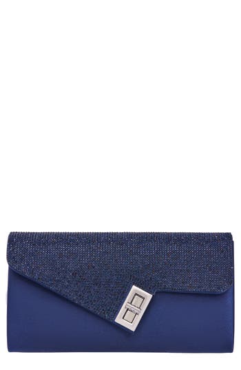 Lady Couture Chic Rhinestone & Satin Envelope Clutch In Navy