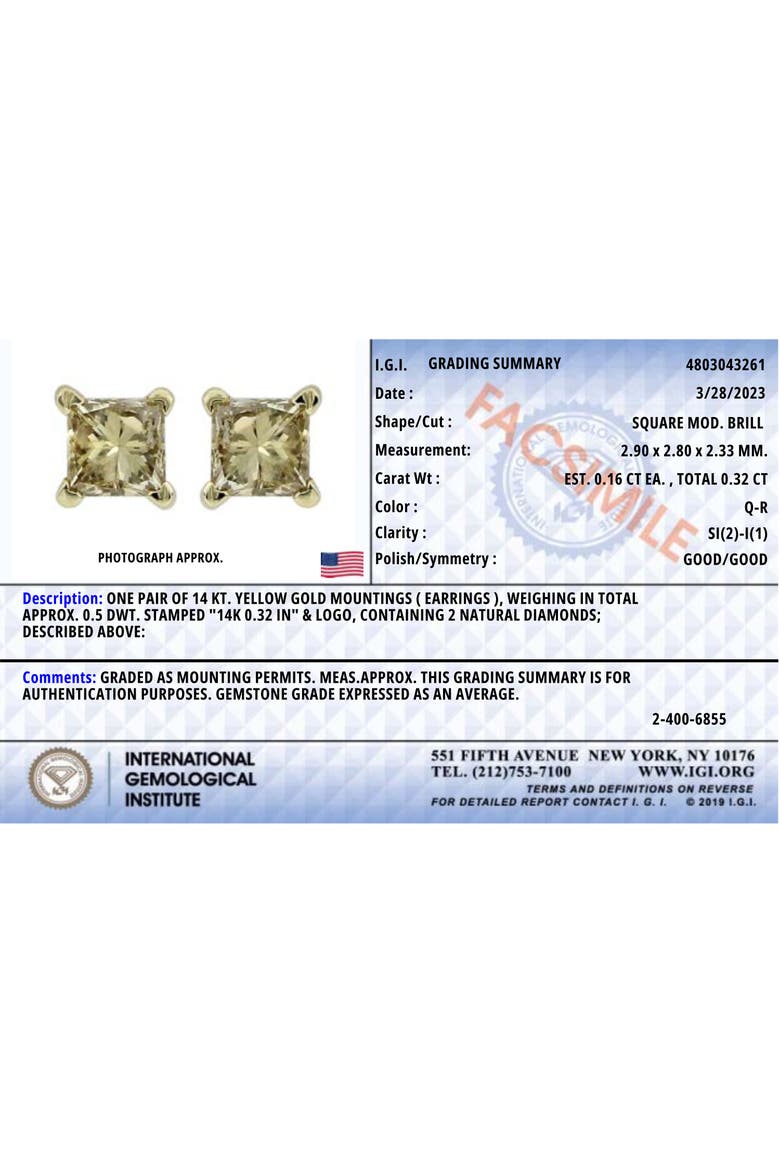Certified 14K Gold 1/3 Cttw Solitaire Diamond Stud Earrings, Alternate, color, Yellow