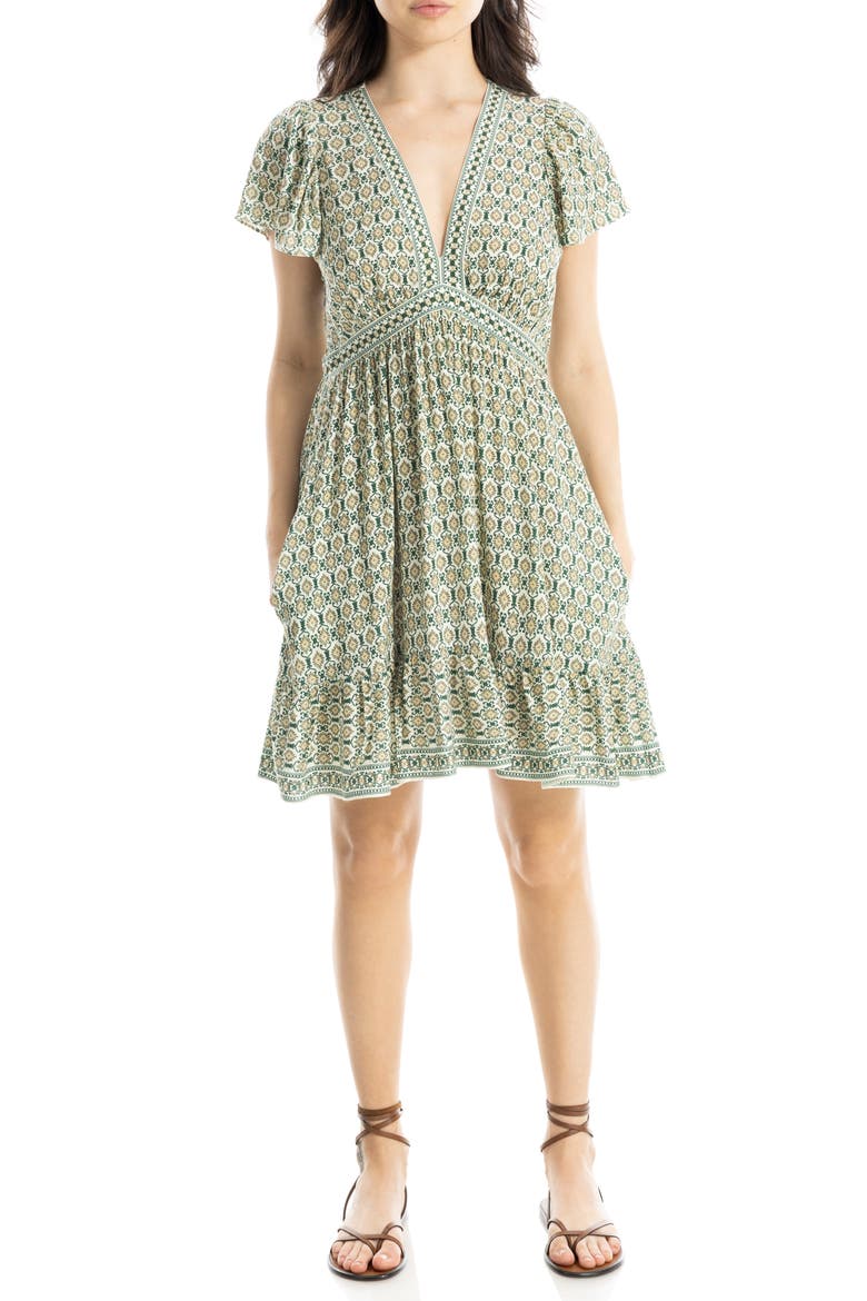 Flutter Sleeve Dress, Alternate, color, CREAM/ GREEN ROSETTE TILE