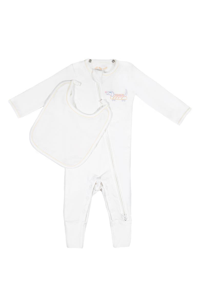 PIP PEA POP Hot Dog Embroidered Organic Cotton Romper with Attachable Bib, Main, color,