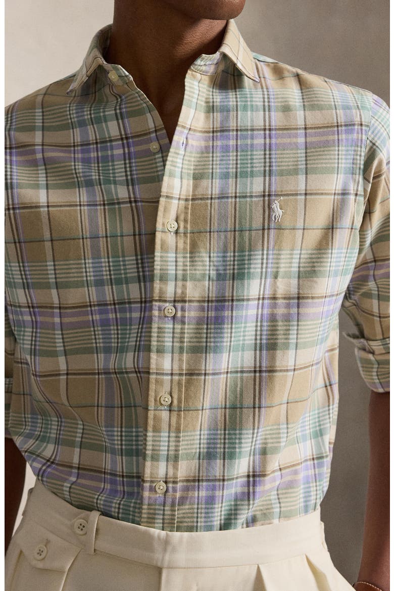 Classic Fit Plaid Linen Button-Up Oxford Shirt, Alternate, color, KHAKI FADED MINT MULTI