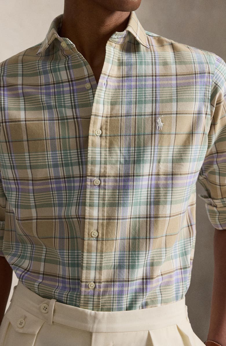Polo Ralph Lauren Classic Fit Plaid Linen Button-Up Oxford Shirt, Alternate, color, Khaki Faded Mint Multi