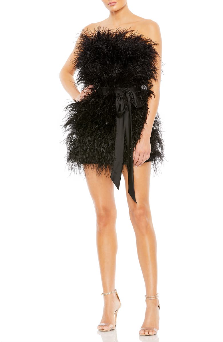 Mac Duggal Strapless Feather Mini Dress, Main, color, Black
