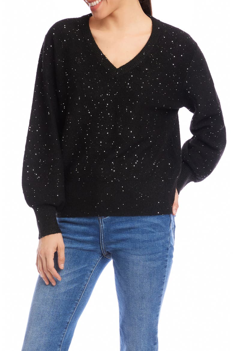 Sequin V-Neck Sweater, Main, color, BLACK