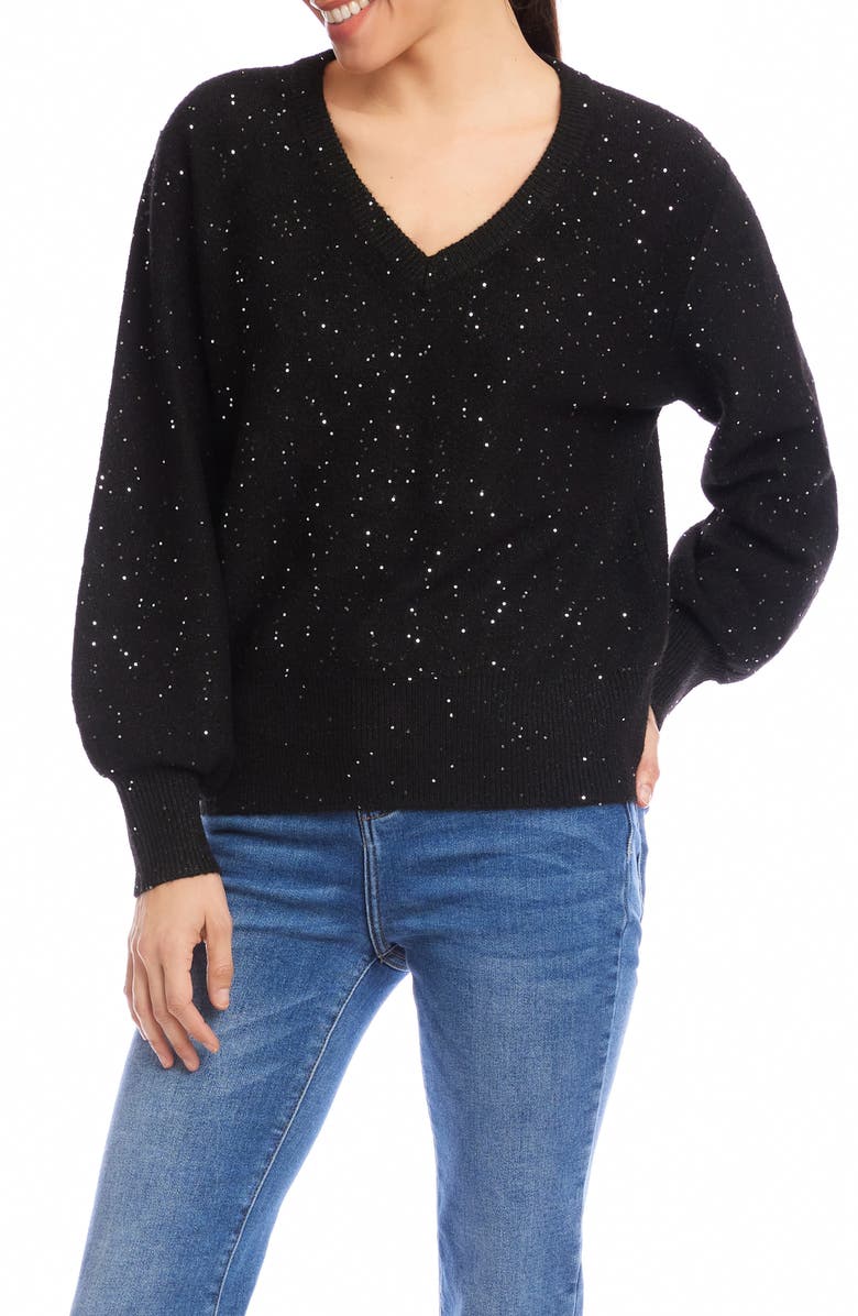 Karen Kane Sequin V-Neck Sweater, Main, color, Black