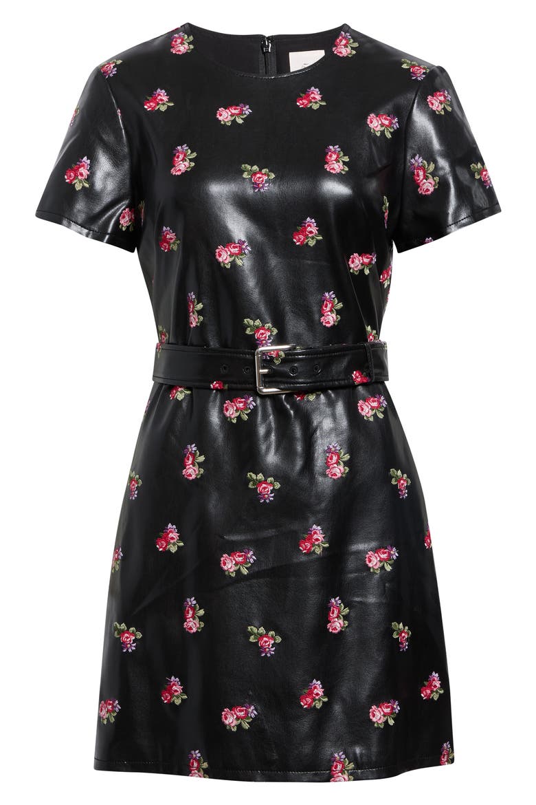 Bea Tossed Roses Embroidered Faux Leather Minidress, Main, color, BLACK MULTI